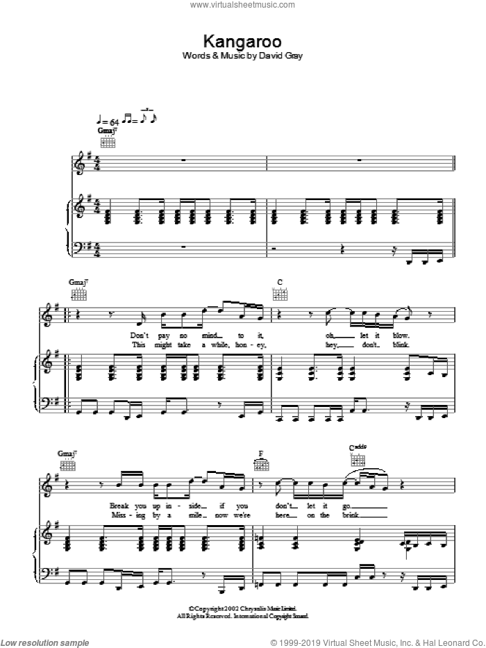 Kangaroo sheet music for voice, piano or guitar by David Gray, intermediate skill level