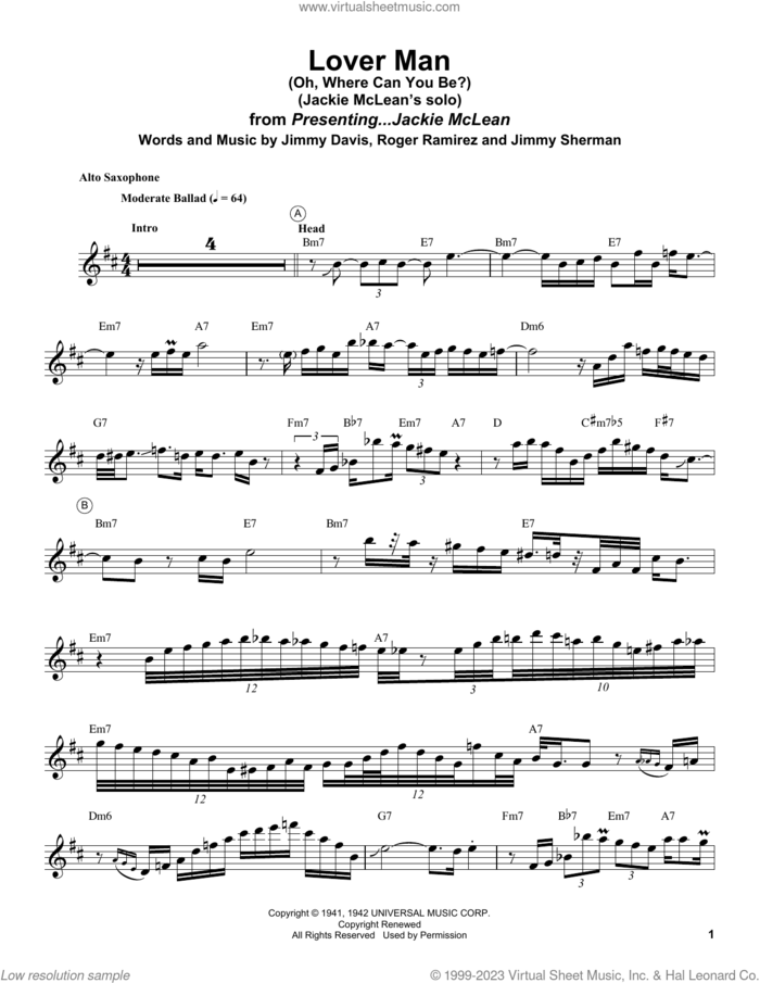 Lover Man (Oh, Where Can You Be?) sheet music for alto saxophone (transcription) by Jackie McLean, Billie Holiday, Jimmie Davis, Jimmy Sherman and Roger Ramirez, intermediate skill level
