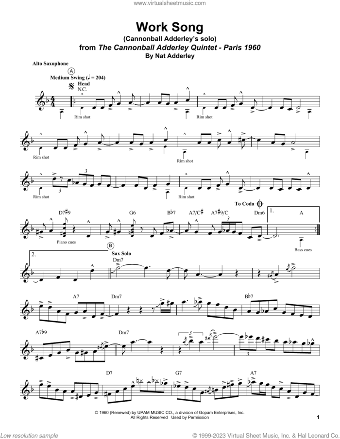 Work Song sheet music for alto saxophone (transcription) by Cannonball Adderley, Nat Adderley and Oscar Brown, Jr., intermediate skill level