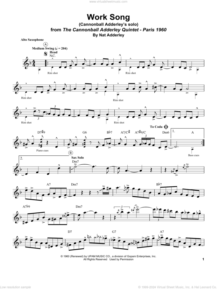 Work Song sheet music for alto saxophone (transcription) by Cannonball Adderley, Nat Adderley and Oscar Brown, Jr., intermediate skill level