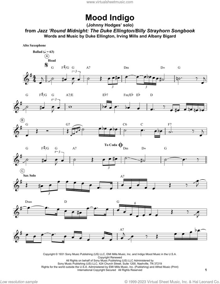 Mood Indigo sheet music for alto saxophone (transcription) by Johnny Hodges, Albany Bigard, Duke Ellington and Irving Mills, intermediate skill level