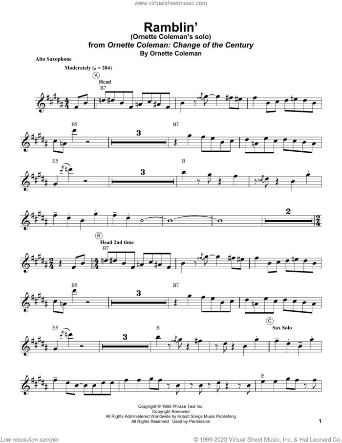 Ramblin' sheet music for alto saxophone (transcription) by Ornette Coleman, intermediate skill level
