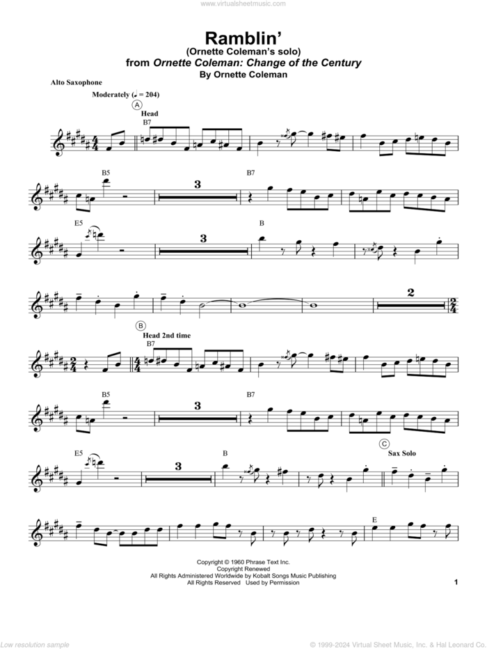 Ramblin' sheet music for alto saxophone (transcription) by Ornette Coleman, intermediate skill level