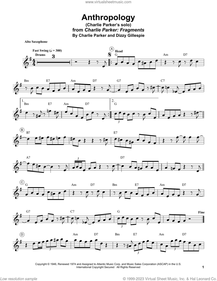 Anthropology sheet music for alto saxophone (transcription) by Charlie Parker and Dizzy Gillespie, intermediate skill level