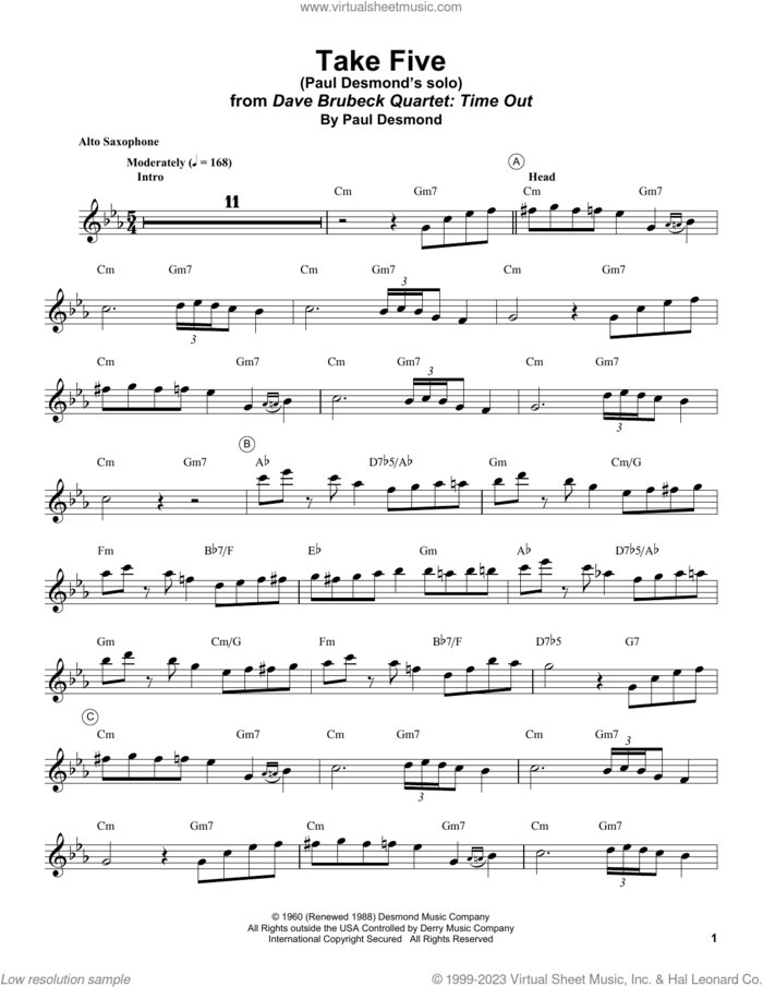 Take Five sheet music for alto saxophone (transcription) by Paul Desmond, intermediate skill level