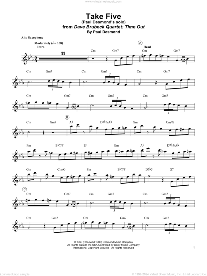 Take Five sheet music for alto saxophone (transcription) by Paul Desmond, intermediate skill level