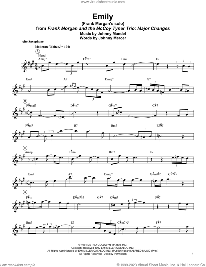 Emily sheet music for alto saxophone (transcription) by Frank Morgan, Johnny Mandel and Johnny Mercer, intermediate skill level