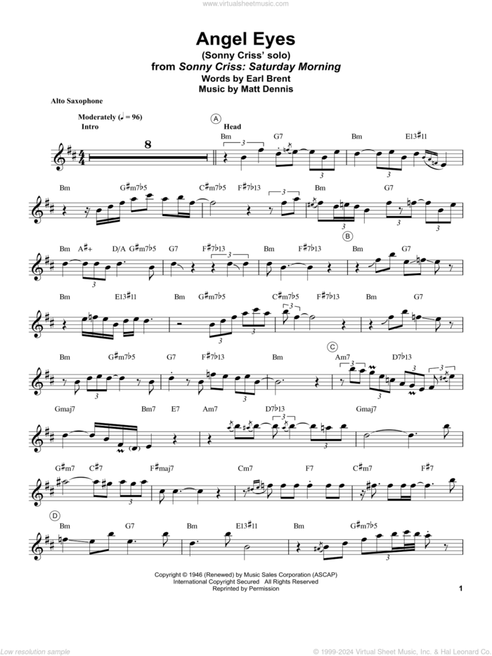 Angel Eyes sheet music for alto saxophone (transcription) by Sonny Criss, Earl Brent and Matt Dennis, intermediate skill level