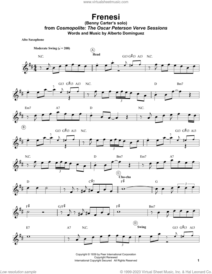 Frenesi sheet music for alto saxophone (transcription) by Benny Carter, Artie Shaw, Oscar Peterson and Alberto Dominguez, intermediate skill level