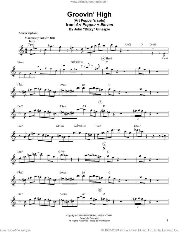 Groovin' High sheet music for alto saxophone (transcription) by Art Pepper, Charlie Parker and Dizzy Gillespie, intermediate skill level