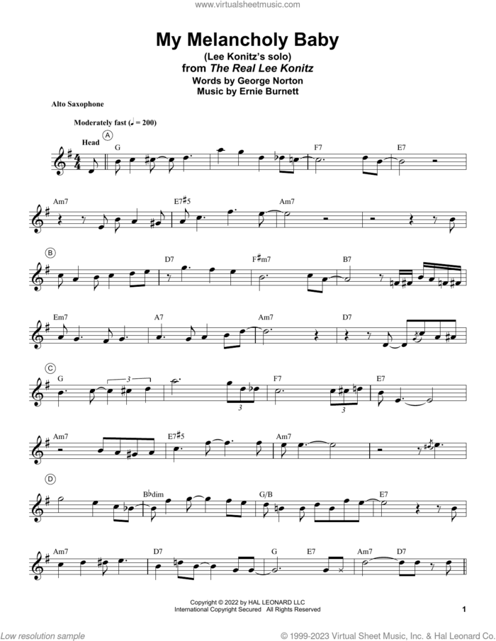 My Melancholy Baby sheet music for alto saxophone (transcription) by Lee Konitz, Ernie Burnett and George A. Norton, intermediate skill level