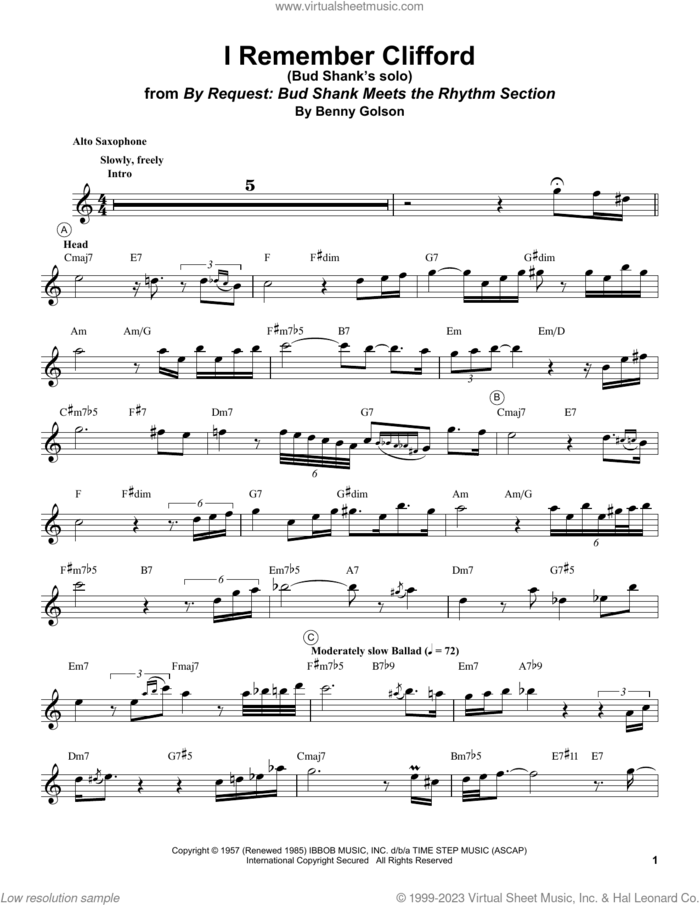 I Remember Clifford sheet music for alto saxophone (transcription) by Bud Shank and Benny Golson, intermediate skill level