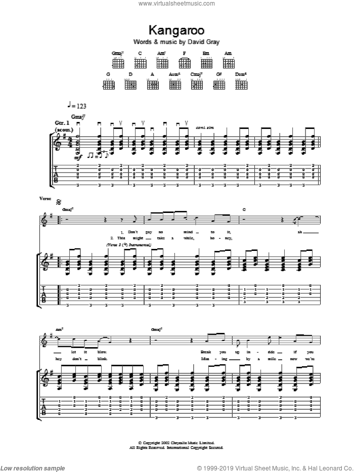 Kangaroo sheet music for guitar (tablature) by David Gray, intermediate skill level
