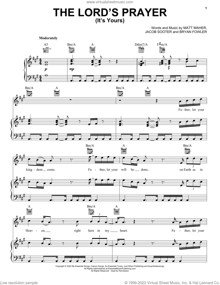 The Lord's Prayer (It's Yours) sheet music for voice, piano or guitar by Matt Maher, Bryan Fowler and Jacob Sooter, intermediate skill level