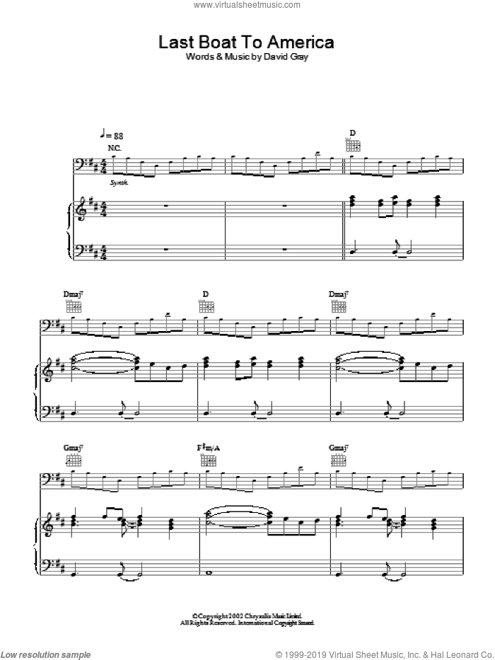 Last Boat To America sheet music for voice, piano or guitar by David Gray, intermediate skill level