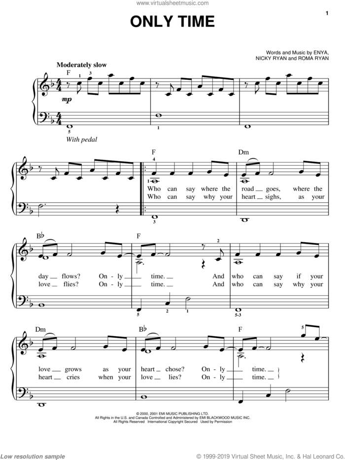 Only Time, (easy) sheet music for piano solo by Enya, Nicky Ryan and Roma Ryan, easy skill level