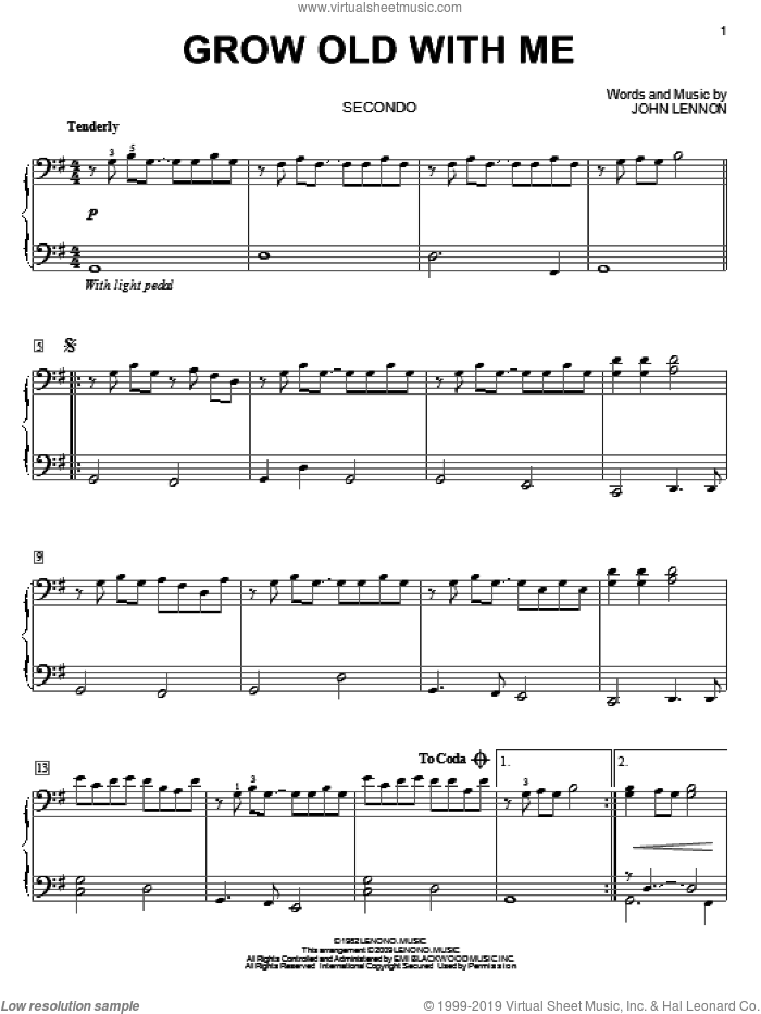 Grow Old With Me sheet music for piano four hands by John Lennon and Mary Chapin Carpenter, wedding score, intermediate skill level