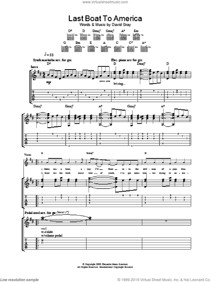 Last Boat To America sheet music for guitar (tablature) by David Gray, intermediate skill level
