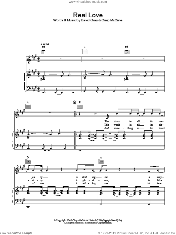 Real Love sheet music for voice, piano or guitar by David Gray, intermediate skill level