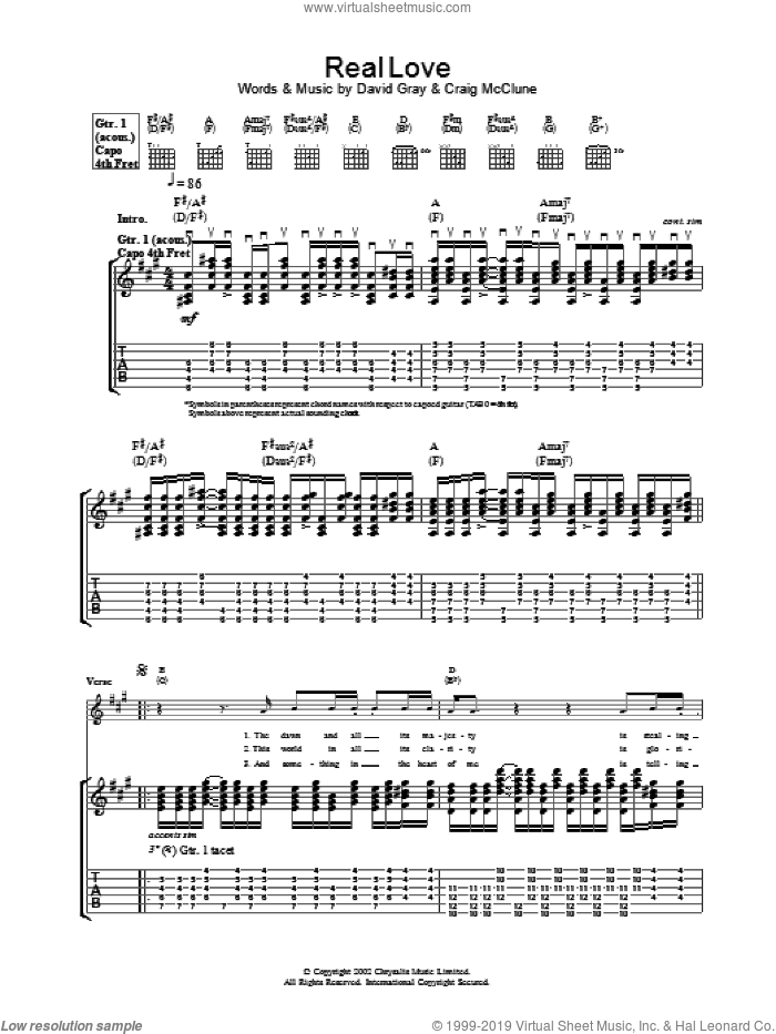 Real Love sheet music for guitar (tablature) by David Gray, intermediate skill level