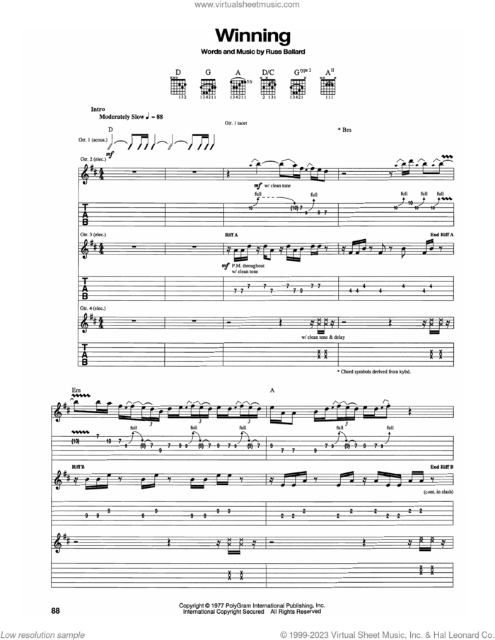 Winning sheet music for guitar (tablature) by Carlos Santana and Russ Ballard, intermediate skill level