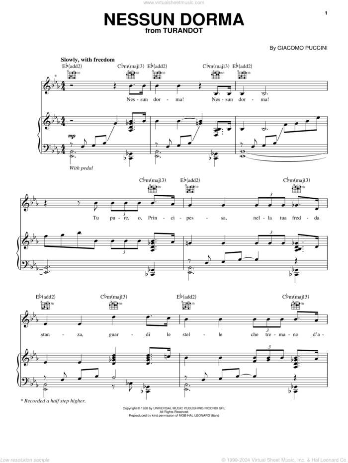 Nessun Dorma sheet music for voice, piano or guitar by Jackie Evancho, Luciano Pavarotti, Giacomo Puccini, Giuseppe Adami and Renato Simoni, classical score, intermediate skill level