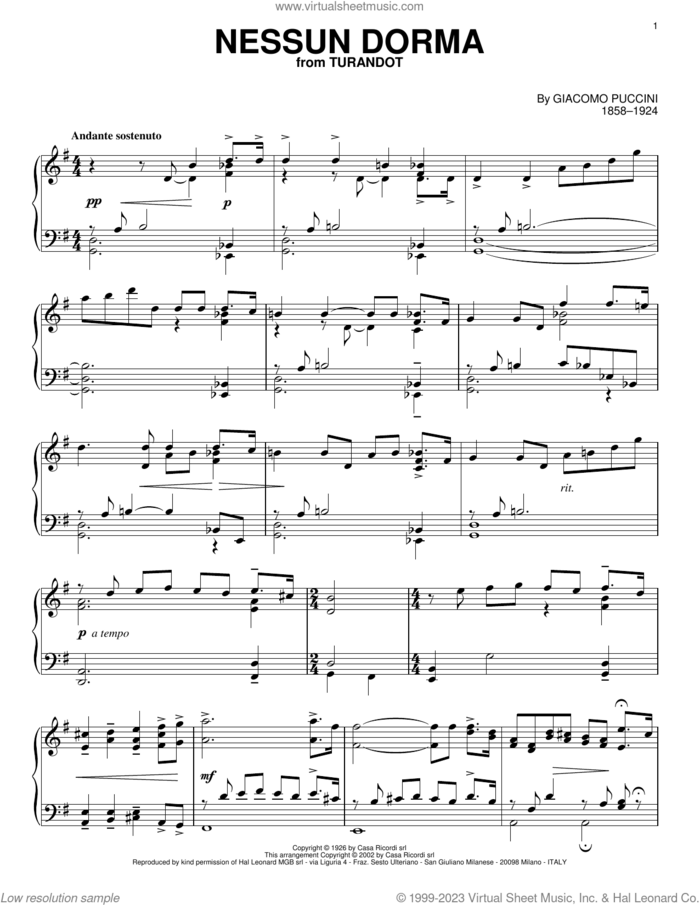 Nessun Dorma sheet music for piano solo by Luciano Pavarotti, Giacomo Puccini, Giuseppe Adami and Renato Simoni, classical score, intermediate skill level