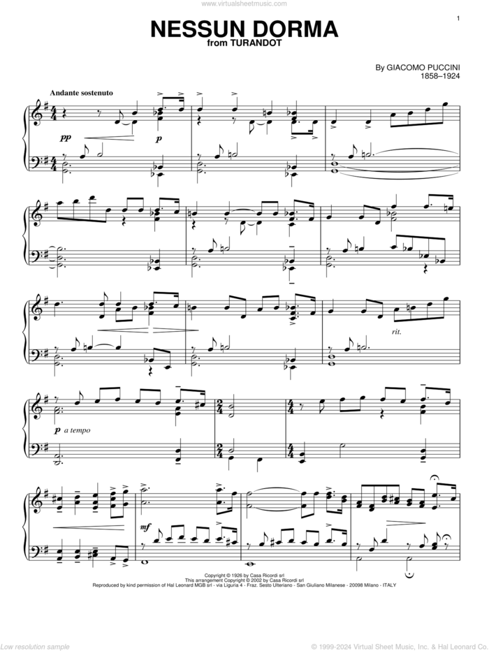 Nessun Dorma sheet music for piano solo by Luciano Pavarotti, Giacomo Puccini, Giuseppe Adami and Renato Simoni, classical score, intermediate skill level