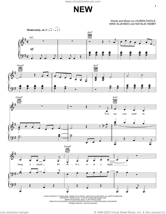 New sheet music for voice, piano or guitar by Lauren Daigle, Mike Elizondo and Natalie Hemby, intermediate skill level