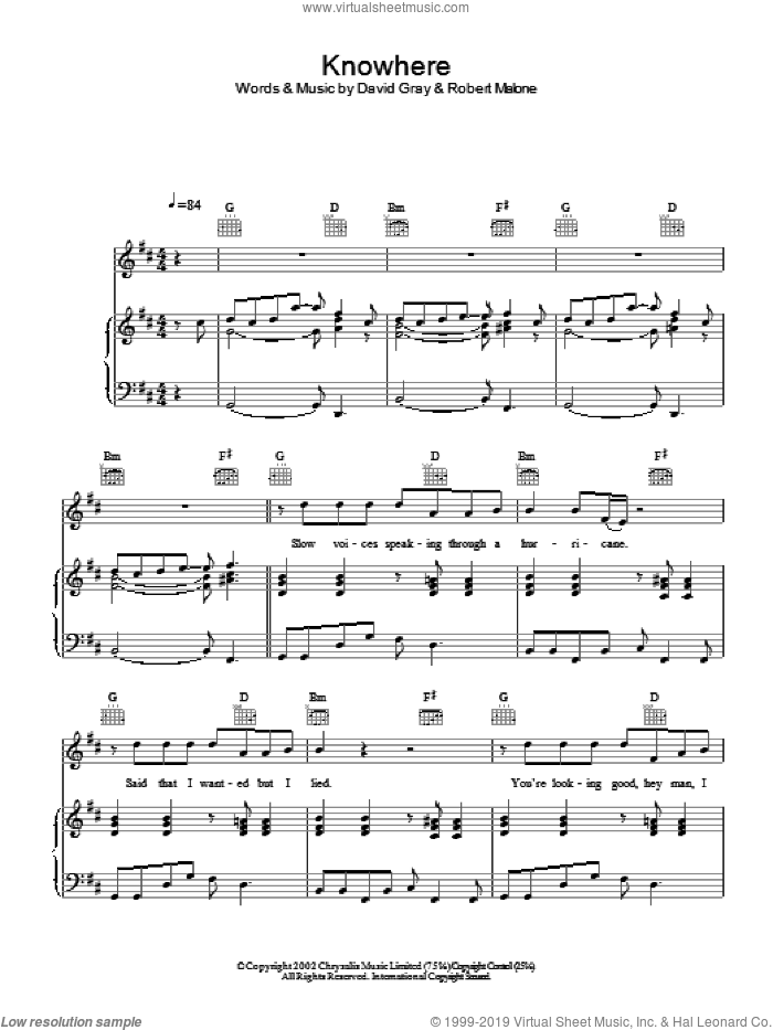 Knowhere sheet music for voice, piano or guitar by David Gray, intermediate skill level