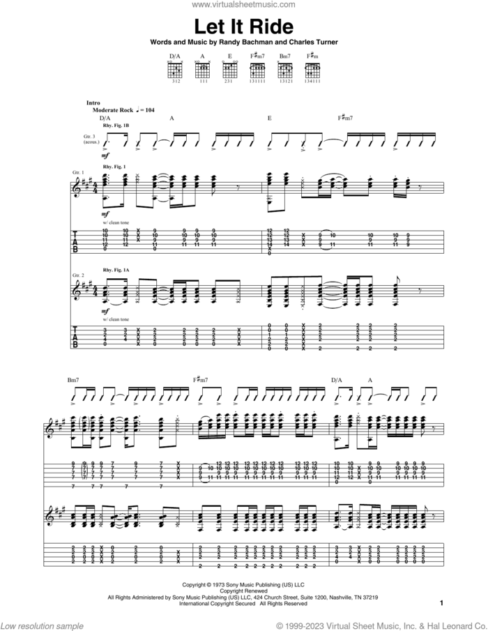 Let It Ride sheet music for guitar (tablature) by Bachman-Turner Overdrive, Charles Turner and Randy Bachman, intermediate skill level