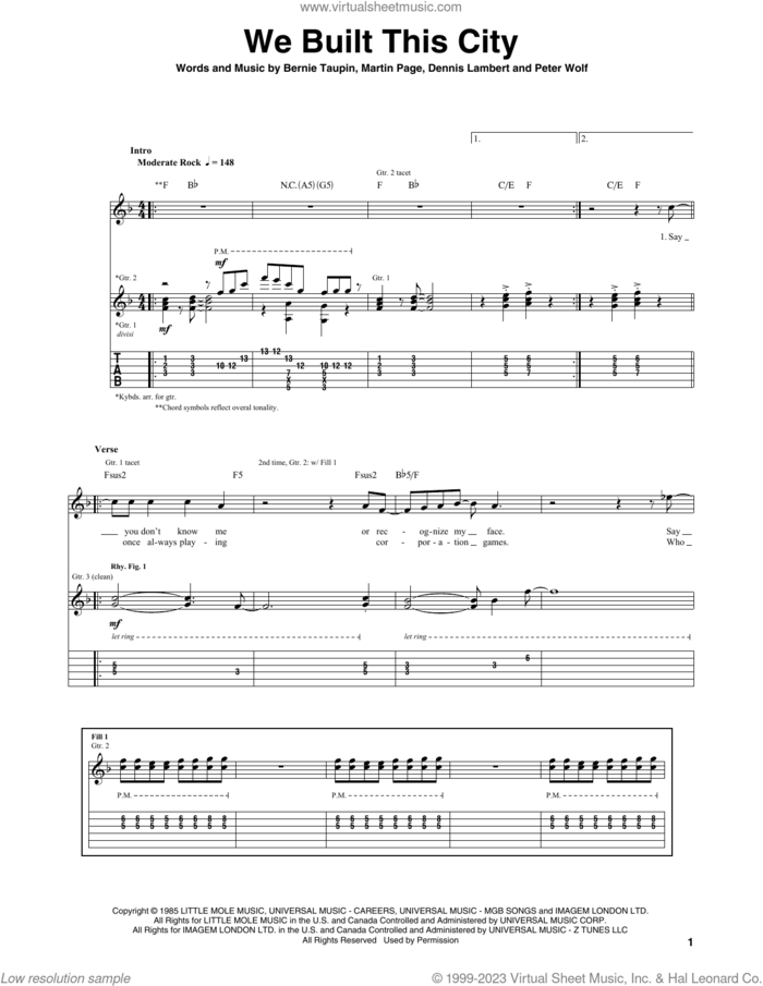 We Built This City sheet music for guitar (tablature) by Starship, Bernie Taupin, Dennis Lambert, Martin George Page and Peter Wolf, intermediate skill level
