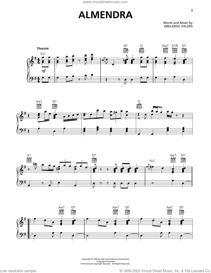 Almendra sheet music for piano solo by Orquesta Aragon and Abelardo Valdes, intermediate skill level