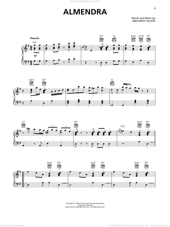 Almendra sheet music for piano solo by Orquesta Aragon and Abelardo Valdes, intermediate skill level