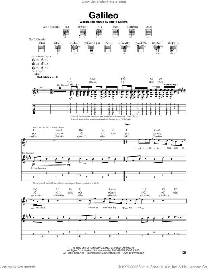 Galileo sheet music for guitar (tablature) by Indigo Girls and Emily Saliers, intermediate skill level