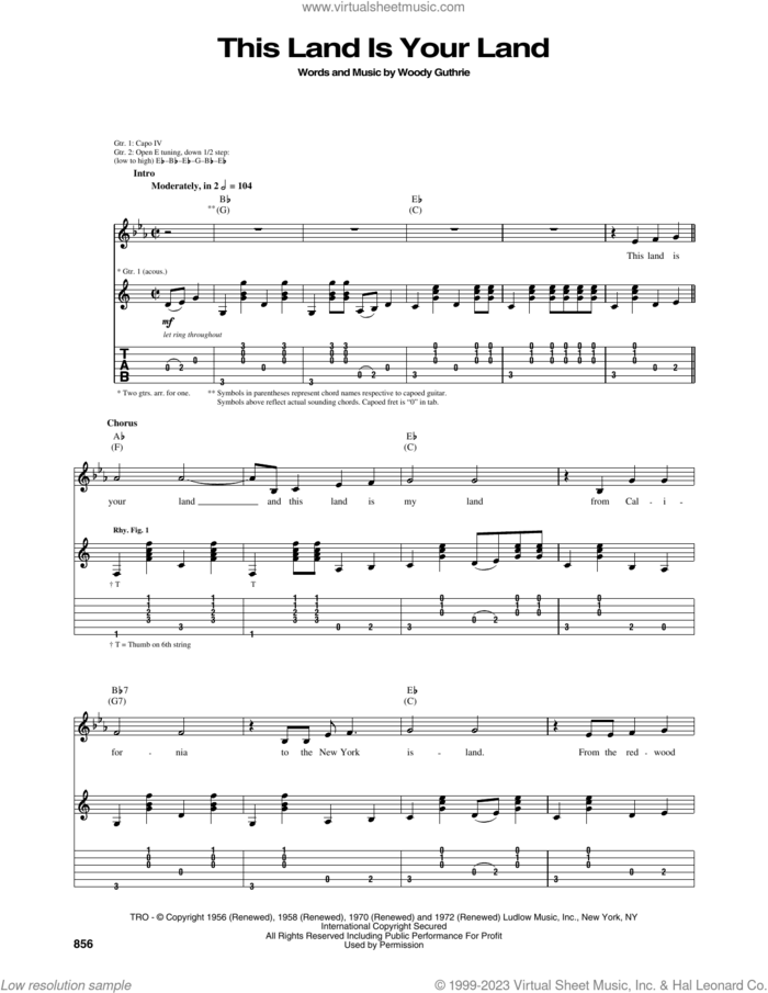 This Land Is Your Land sheet music for guitar (tablature) by Woody Guthrie, intermediate skill level