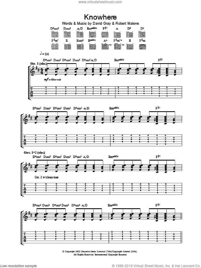 Knowhere sheet music for guitar (tablature) by David Gray, intermediate skill level