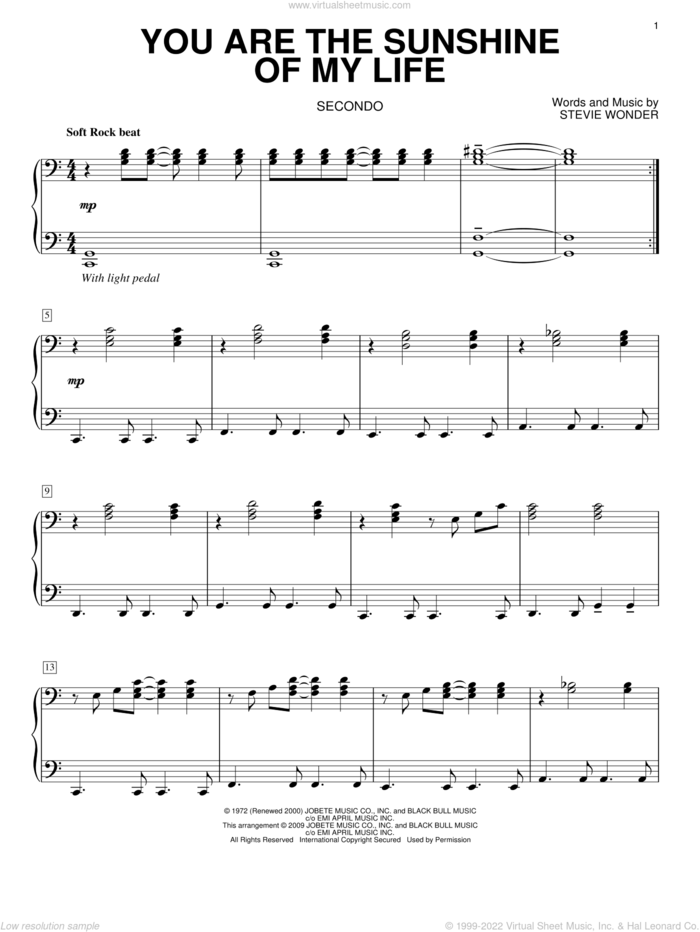 You Are The Sunshine Of My Life sheet music for piano four hands by Stevie Wonder, wedding score, intermediate skill level