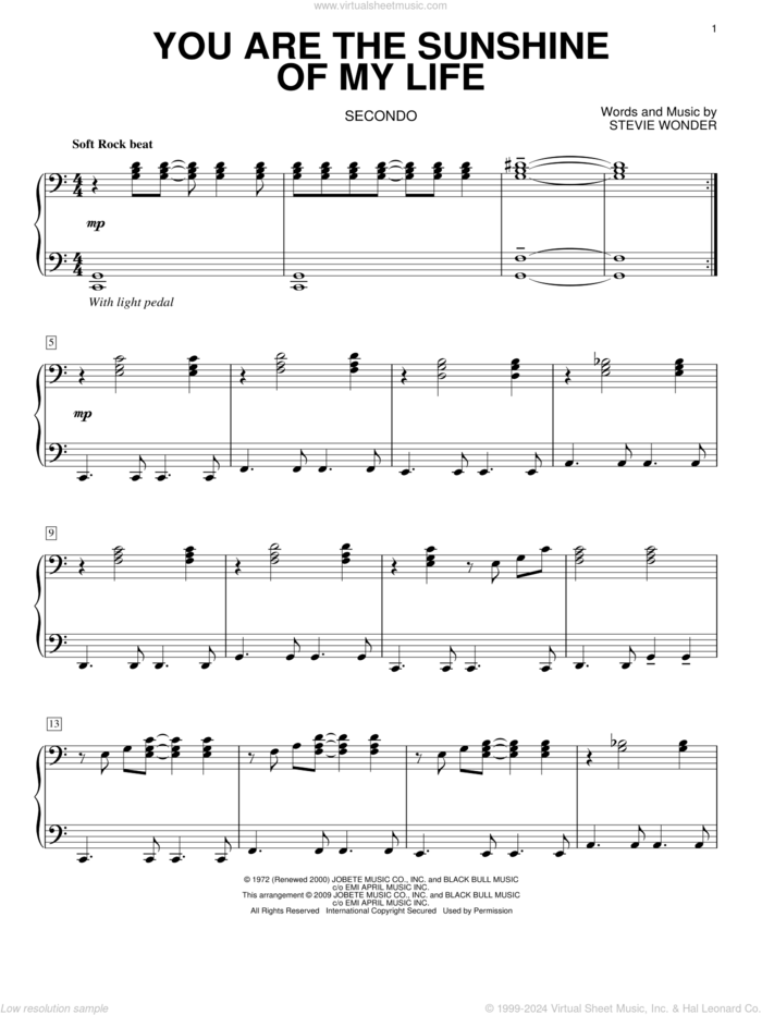 You Are The Sunshine Of My Life sheet music for piano four hands by Stevie Wonder, wedding score, intermediate skill level