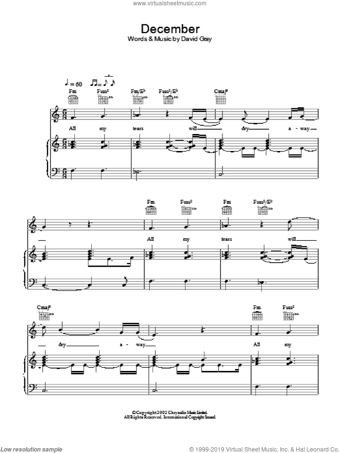 December sheet music for voice, piano or guitar by David Gray, intermediate skill level