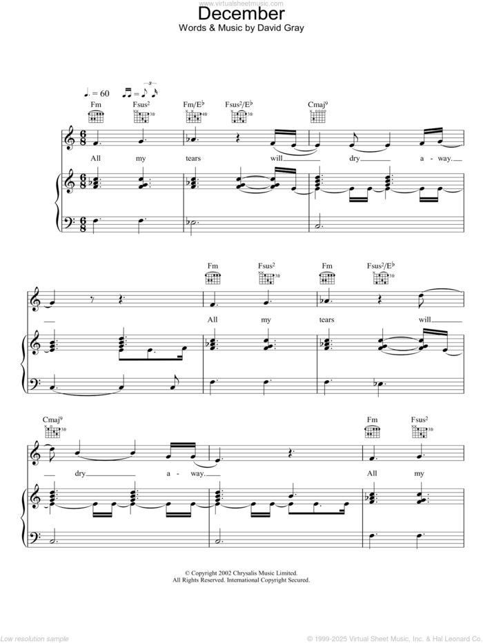 December sheet music for voice, piano or guitar by David Gray, intermediate skill level