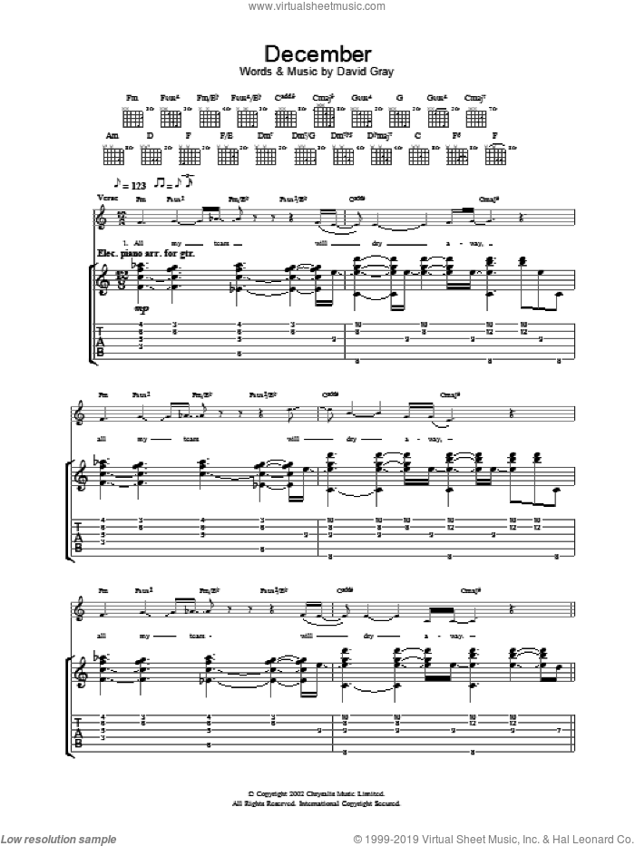 December sheet music for guitar (tablature) by David Gray, intermediate skill level