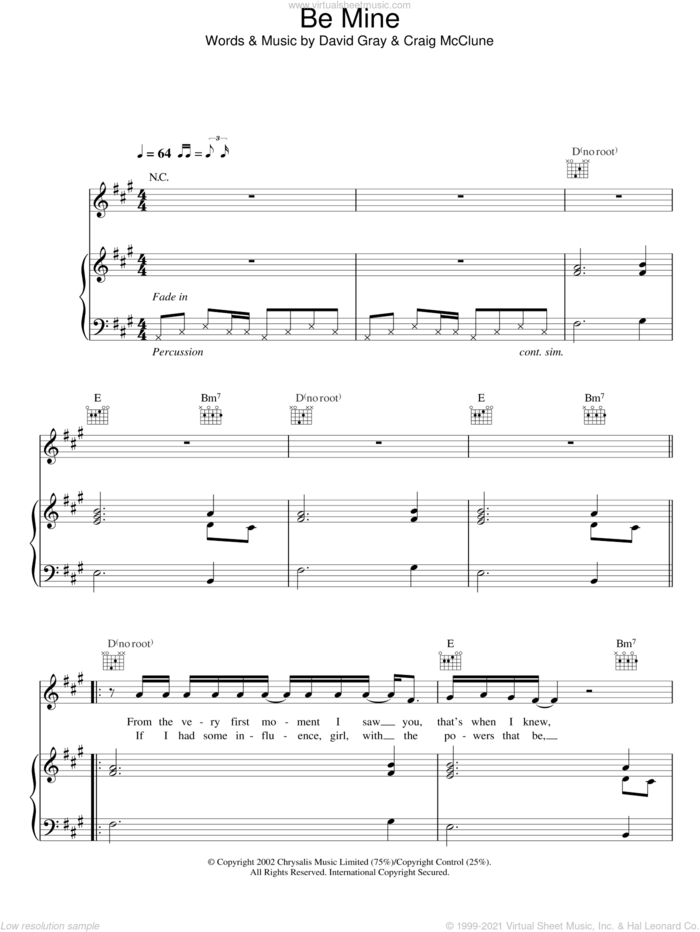 Be Mine sheet music for voice, piano or guitar by David Gray, intermediate skill level