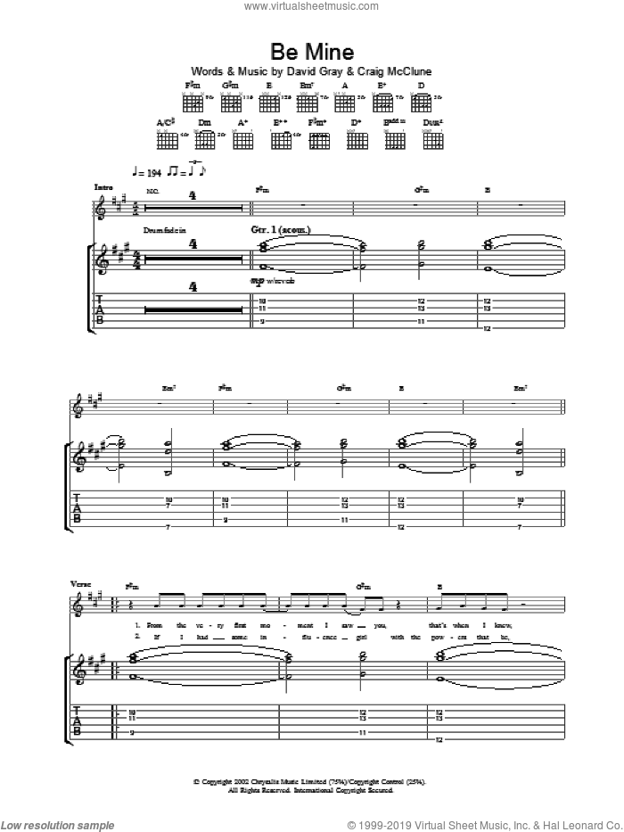 Be Mine sheet music for guitar (tablature) by David Gray, intermediate skill level