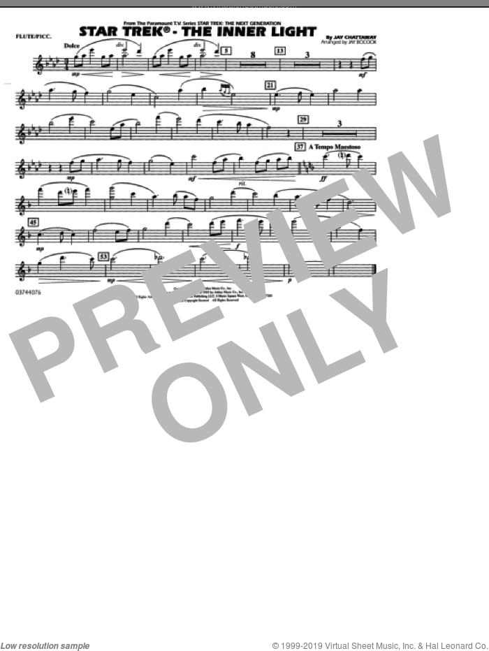 Star Trek, the inner light sheet music for marching band (flute/piccolo) by Jay Chattaway and Jay Bocook, intermediate skill level