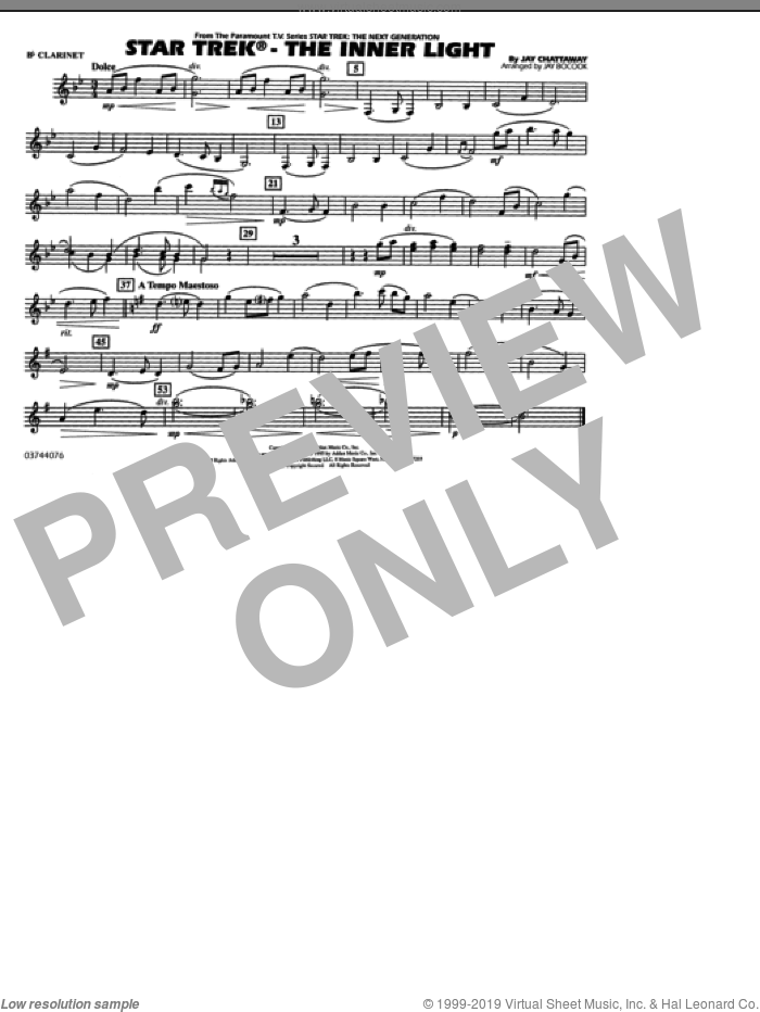Star Trek, the inner light sheet music for marching band (Bb clarinet) by Jay Chattaway and Jay Bocook, intermediate skill level