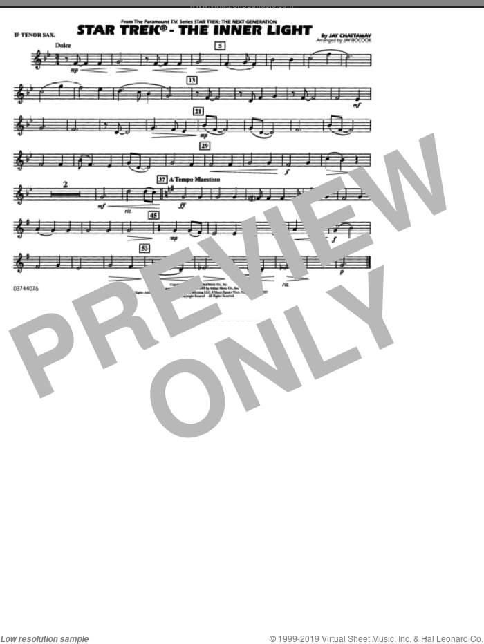 Star Trek, the inner light sheet music for marching band (Bb tenor sax) by Jay Chattaway and Jay Bocook, intermediate skill level