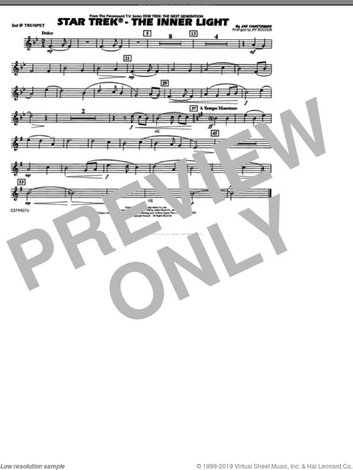 Star Trek, the inner light sheet music for marching band (2nd Bb trumpet) by Jay Chattaway and Jay Bocook, intermediate skill level