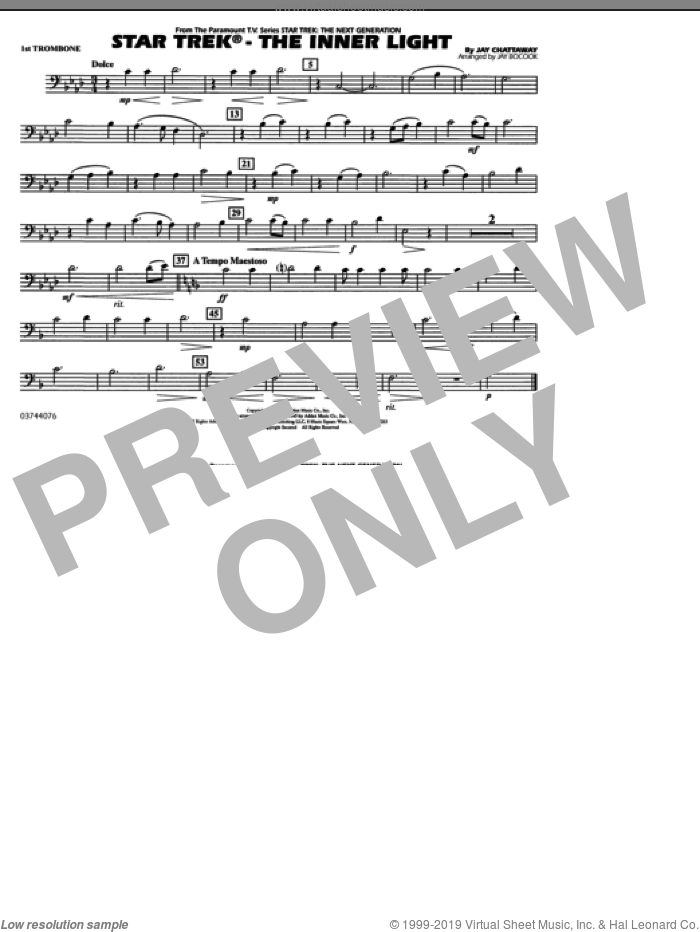 Star Trek, the inner light sheet music for marching band (1st trombone) by Jay Chattaway and Jay Bocook, intermediate skill level