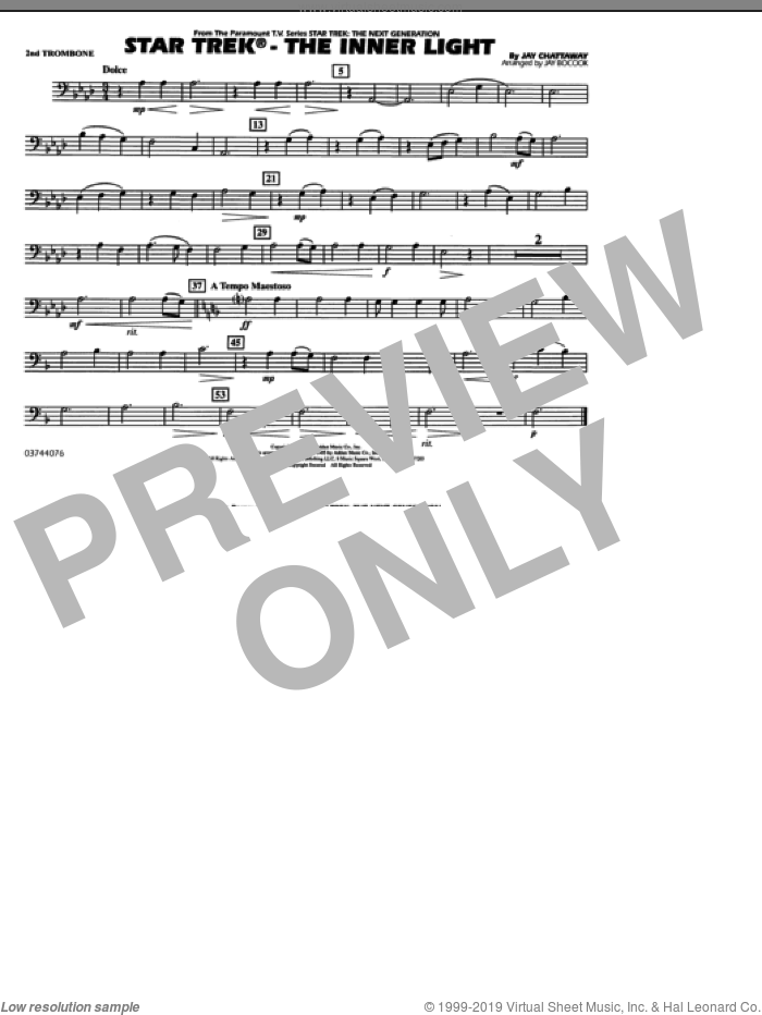 Star Trek, the inner light sheet music for marching band (2nd trombone) by Jay Chattaway and Jay Bocook, intermediate skill level